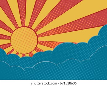 Orange sun and blue clouds in the style of pop art. Summer sky background. Vector illustration.