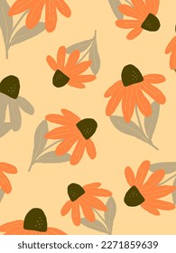 Orange sun flowers patterns on yellow background illustrations, vector aesthetic for wallpaper, wall decor, templates covers, art prints