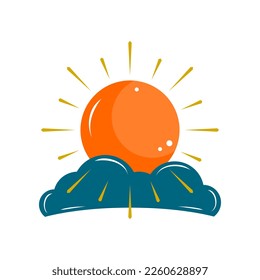 Orange sun with golden yellow sunshine light ray and blue cloud witch magic boho tattoo icon on white background flat vector design