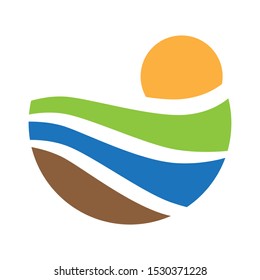 orange sun, green grass, blue water wave and brown ground. vector logo icon