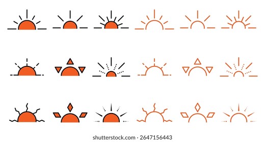 Orange sun icons. Sun rays icon, shine and burst. Sun set, sunrise symbol. Half sun vector collection. Summer line icon, bright for sunny UI designs. Hot summer weather, brightness symbol. 