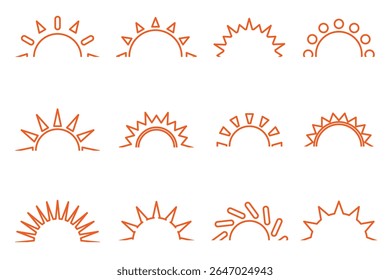Orange sun icons. Sun set, sunrise symbol. Half sun vector collection. Summer sun icon, bright for sunny UI designs. Vector illustration 