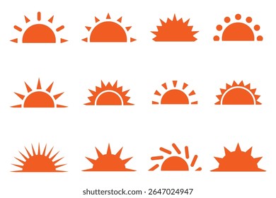 Orange sun icons. Sun set, sunrise symbol. Half sun vector collection. Summer sun icon, bright for sunny UI designs. Vector illustration 