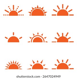 Orange sun icons. Sun set, sunrise symbol. Half sun vector collection. Summer sun icon, bright for sunny UI designs. Vector illustration 