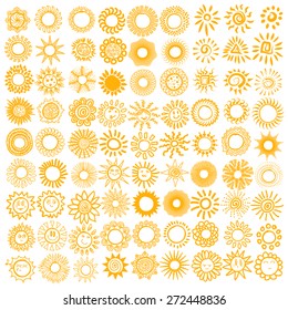 Orange Sun icons. The sun sets straight, florid and twisted rays on white background. Vector illustration