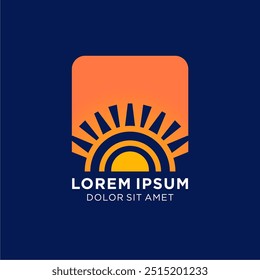 Orange sun logo with flat style and navy blue background
