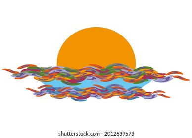 Orange sun and rainbow wave on a white background. Vector illustration