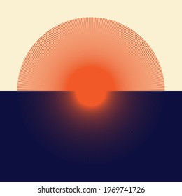 Orange sun with rays over yellow and blue background. Minimal sunset concept.