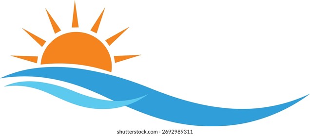 Sol laranja nascendo sobre ondas azuis estilizadas do oceano gráfico do nascer do sol