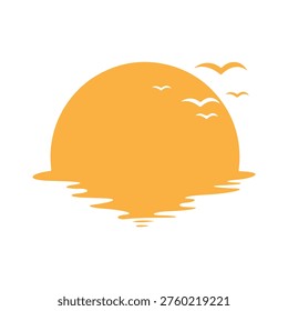 Orange sun setting over water with white birds flying in the sky.
