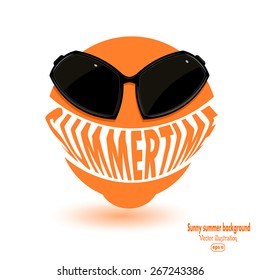Orange sun sign in sunglasses. Summer background. vector illustration
