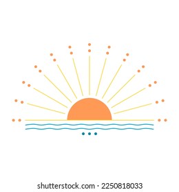 Orange sun and sunlight ray   blue water wave ocean sea sunset sunrise boho logo flat vector icon design 