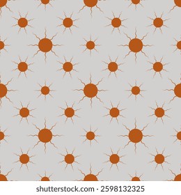 Orange sun symbols vector pattern on grey brown background. Endless texture.Print for curtains, furniture, wall paper, wrapping paper, home textile.