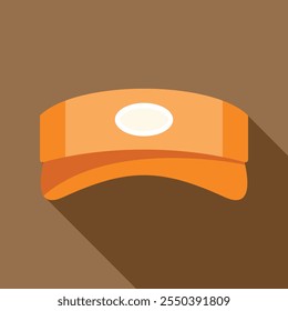 Orange sun visor cap with a blank white logo on the front is being presented on a brown background