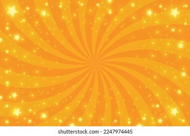 Orange sunburst background. Radial concentric lines. Comic striped vintage wallpaper with stars. Vector yellow abstract illustration