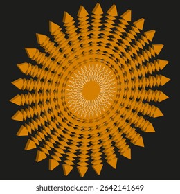 Orange sunburst shape. Radiant flower pattern. Fractal petal texture. Vector floral symbol.
