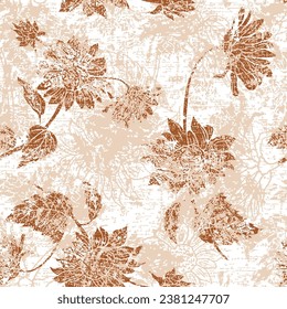 Orange sunflower in monochrome colors, seamless grunge textured sunflower drawing pattern on beige and white textured background, 