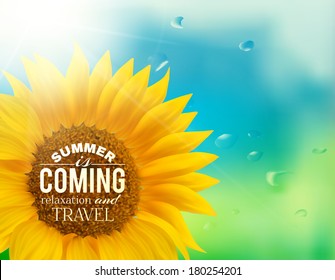 Orange sunflower with spring background. Vector illustration.