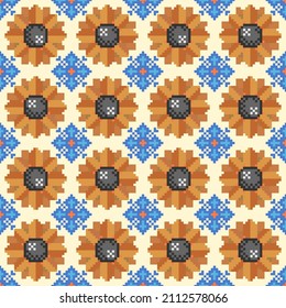 orange sunflowers with blue four petal flower style fabric pattern on cream background, seamless background. Northern Thailand style fabric pattern, flat vector illustration.
