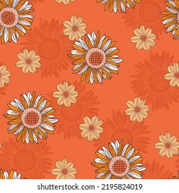 Orange Sunflowers Retro Vector Seamless Pattern