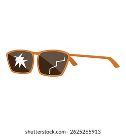 Óculos de sol alaranjados com lentes quebradas com um crack e um buraco em forma de estrela