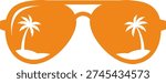 Orange sunglasses silhouette with palm tree reflections, representing summer vacation, tropical beach holidays, and travel.