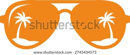 Orange sunglasses silhouette with palm tree reflections, representing summer vacation, tropical beach holidays, and travel.