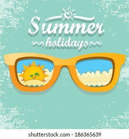 orange sunglasses with tropical island reflection. vector summer background