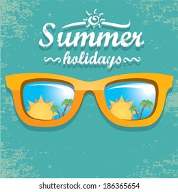 orange sunglasses with tropical island reflection. vector summer background