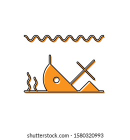 Orange Sunken ship at the bottom of the sea icon isolated on white background.  Vector Illustration