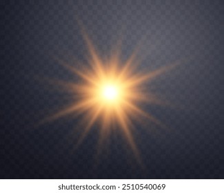 Orange sunlight lens flare, sun flash with rays and spotlight. Glowing burst explosion on a transparent background. Vector illustration.