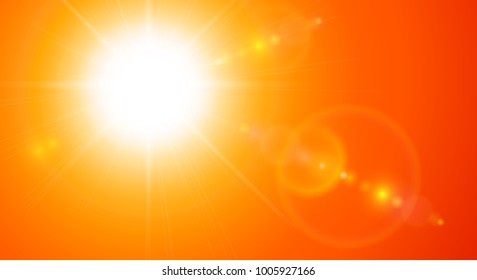 Orange sunny background, sun with lens flare, vector illustration