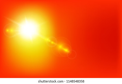 Orange sunny background, sun with lens flare, vector illustration