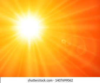 Orange sunny background, sun with lens flare, vector summer design.