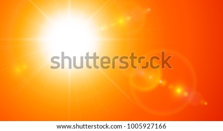 Orange sunny background, sun with lens flare, vector illustration