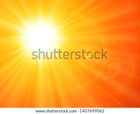 Orange sunny background, sun with lens flare, vector summer design.