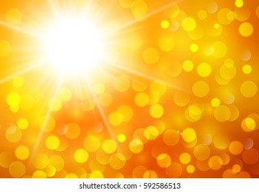 Orange sunny background, vector abstract sun and bokeh 