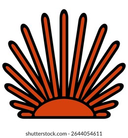 Orange sunrise symbol emits graphic light rays silhouette horizon graphic design