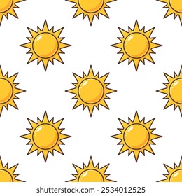 Orange suns with outline on white background. Vector seamless pattern.