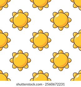 Orange suns with outline on white background. Vector seamless pattern.