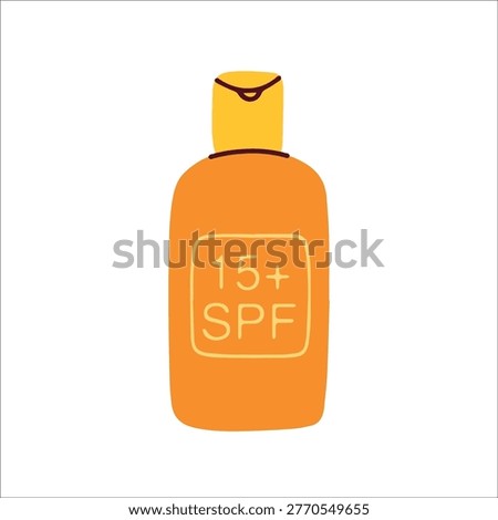 Orange sunscreen bottle with SPF 15+ for moderate sun protection. Essential for beach vacation and dermatological health to prevent solar burns and maintain skin quality.