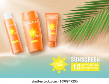 Orange sunscreen bottles on tropical beach - ad poster mockup for cosmetic sunblock spray and lotion lying on sand near water line with palm leaf - realistic vector illustration.