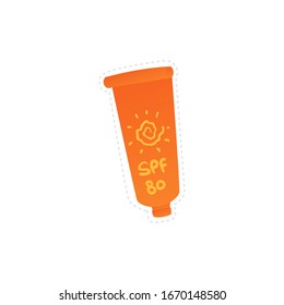 Orange sunscreen tube drawing of sun protection face cream or lotion with hand drawn SPF 80 text. Summer moisturiser packaging - isolated vector illustration.