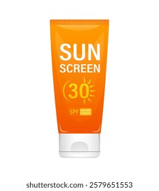 Orange sunscreen tube protecting from sun with SPF 30 on white background