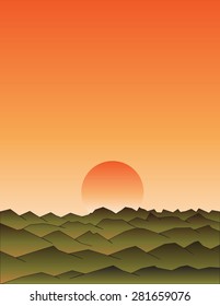 orange sunset with beautiful mountains, vector, illustration