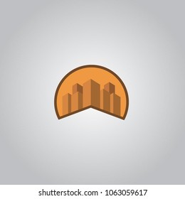 orange sunset building, city and construction  isometric logo with light shadow and outline. can use for city and real estate logo. can use for business object design.