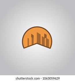 orange sunset building, city and construction isometric logo with outline. can use for city and real estate logo. can use for business object design.