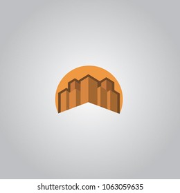 orange sunset building, city and construction outline isometric logo with light and shadow. can use for city and real estate logo. can use for business object design.