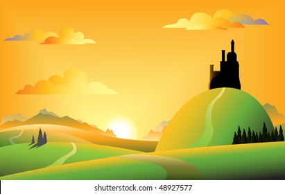 Orange sunset castle landscape vector illustration