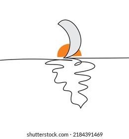 La puesta de sol naranja y la luna creciente sobre el mar. Ilustración de dibujo de línea continua única de la vista del mar・. Aislado sobre un fondo blanco. Vector editable para símbolo, logotipo, icono, banner web. Eps 10.